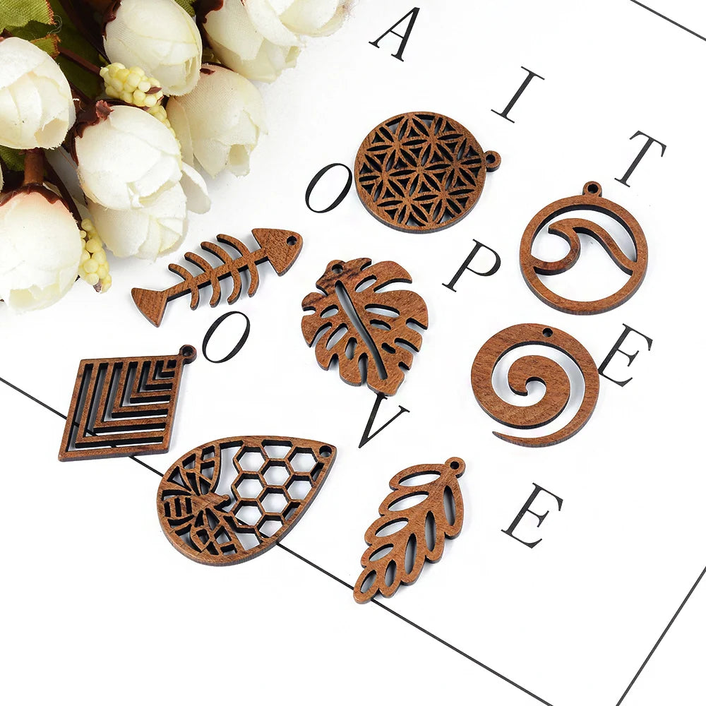 6pc/lot fish/flower shape wood pendant resin plate pendants jewelry accessory handmade connector diy earring component