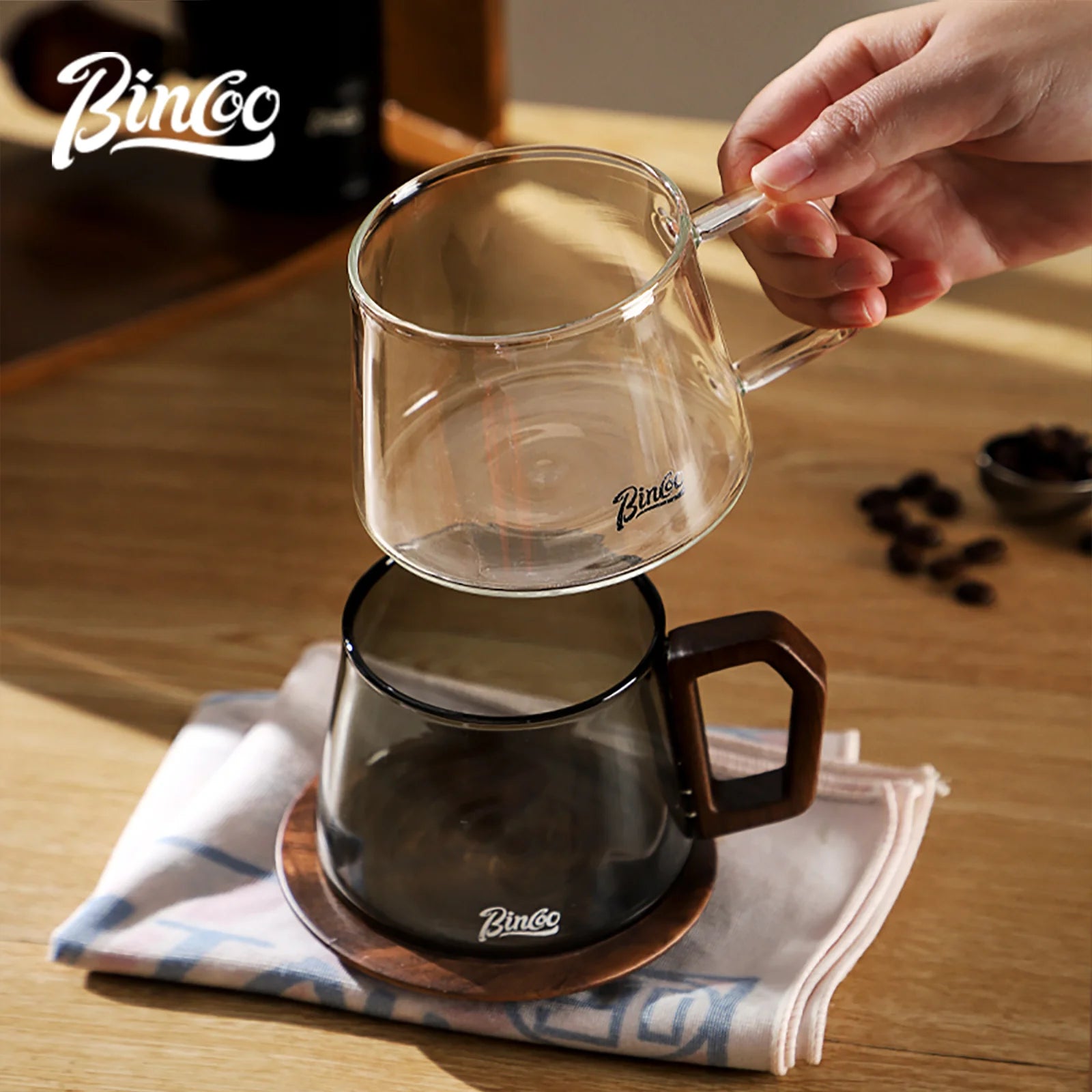 Bincoo 340ml transparent heat-resistant espresso cup glass coffee mug with wood handle cappuccino latte tea water cups