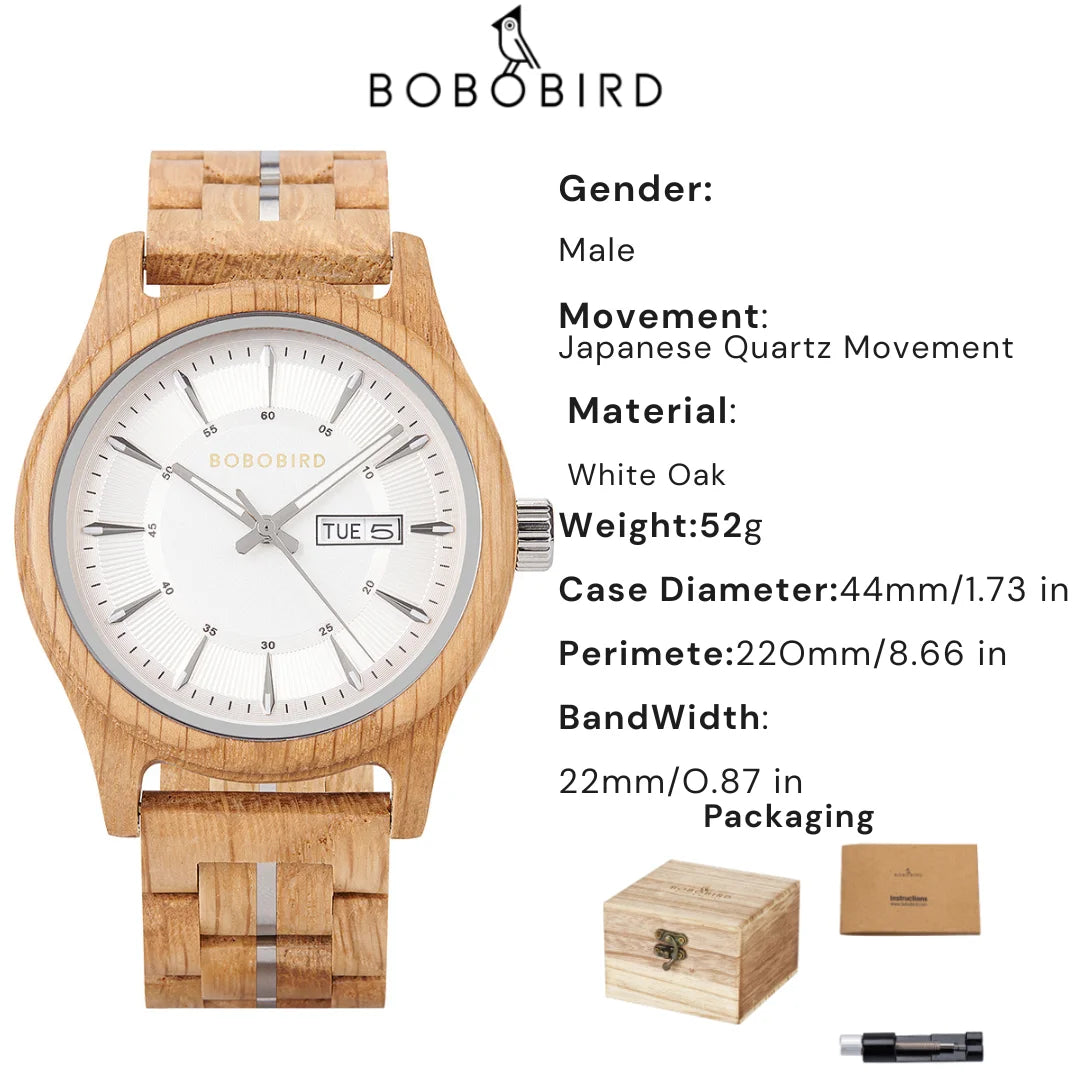 Bobo bird men’s wooden watch with blue dial – natural handmade wood wristwatch date display anniversary gift in box
