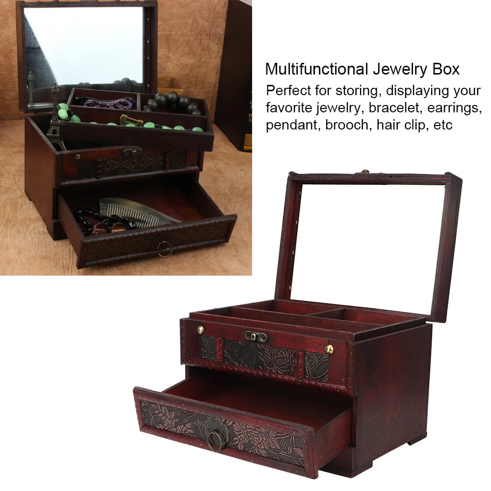 Vintage wooden jewelry box case holder necklace earrings storage organizer with mirror wood - box
