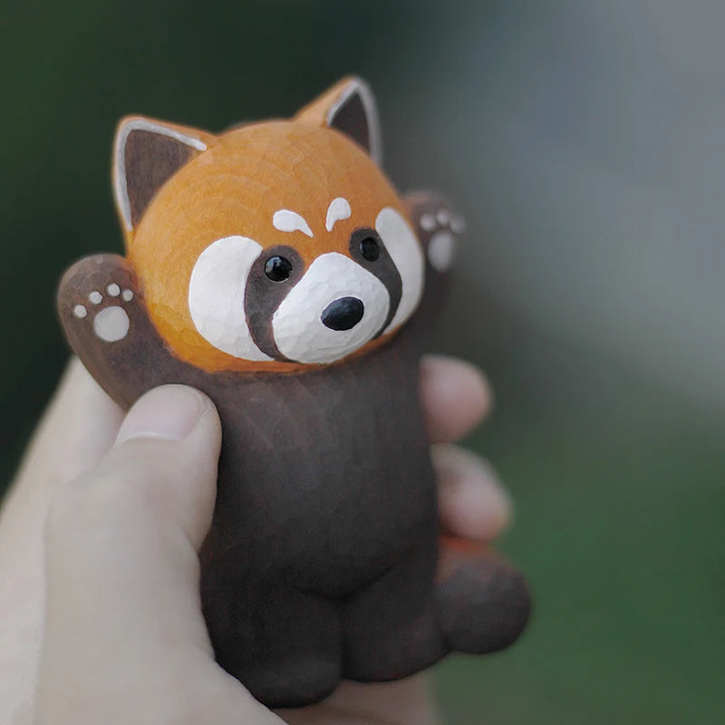 Cute home decor red panda handmade wood carving ornaments solid animal sculpture desk accessories kawaii figurine