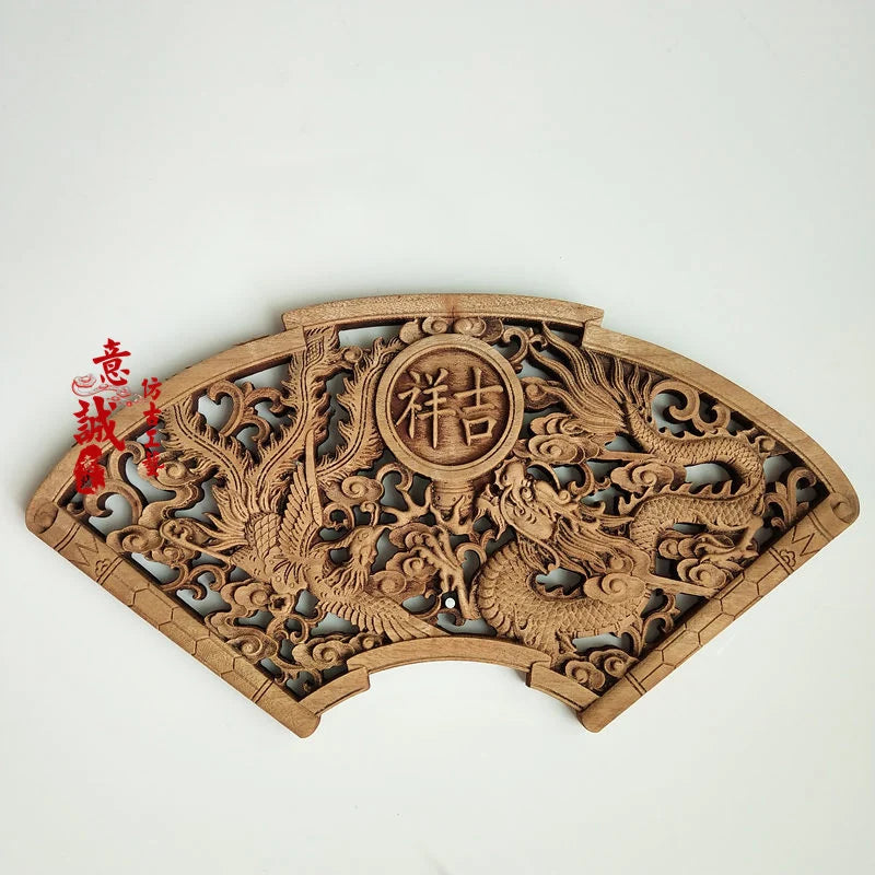 Traditional chinese woodcarving wall hanging camphor wood 3d exquisite dragon phoenix flower carving craft home