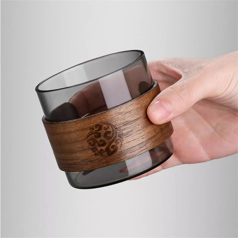 Japanese style 150ml heat-resistant glass tea cup with scald proof wooden holder kungfu set master household coffee mug