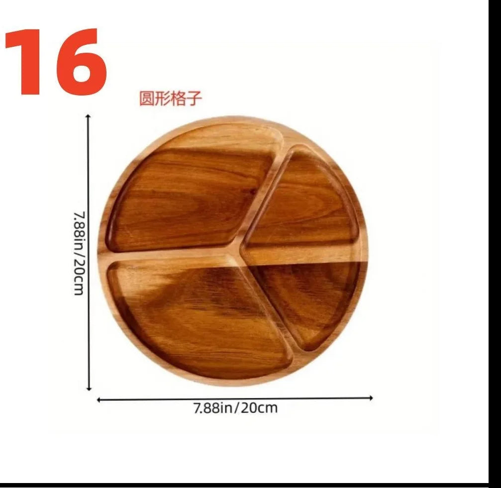 Japanese solid wood fruit plate factory wholesale wooden tray multi-size high-value snack - round plaid / 6 inches