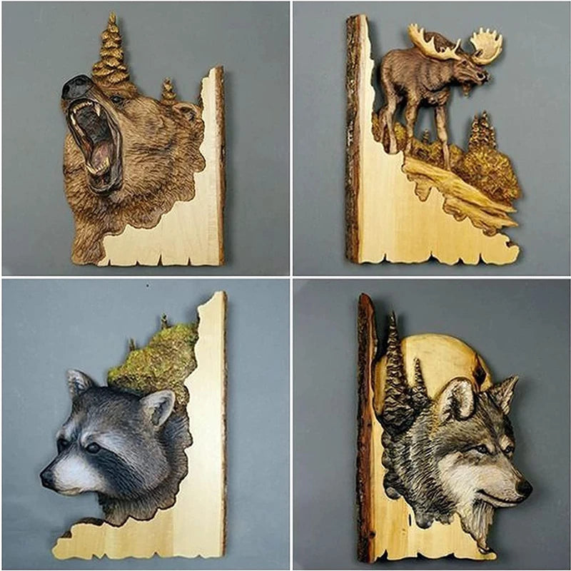 Animal carving handcraft wall hanging sculpture wooden raccoon bear deer fox wolf hand drawn decoration home living