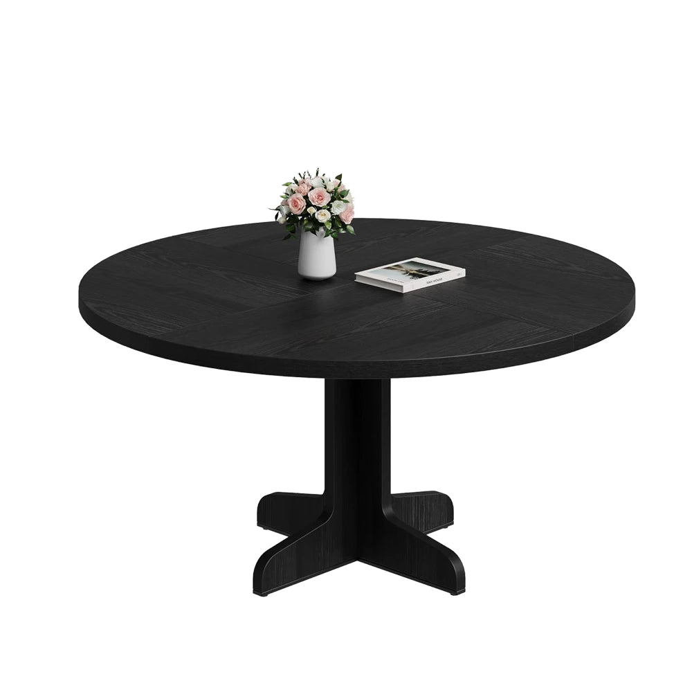 Round dining table for 4 47 inch farmhouse kitchen with wood tabletop and stable base home - black / united states