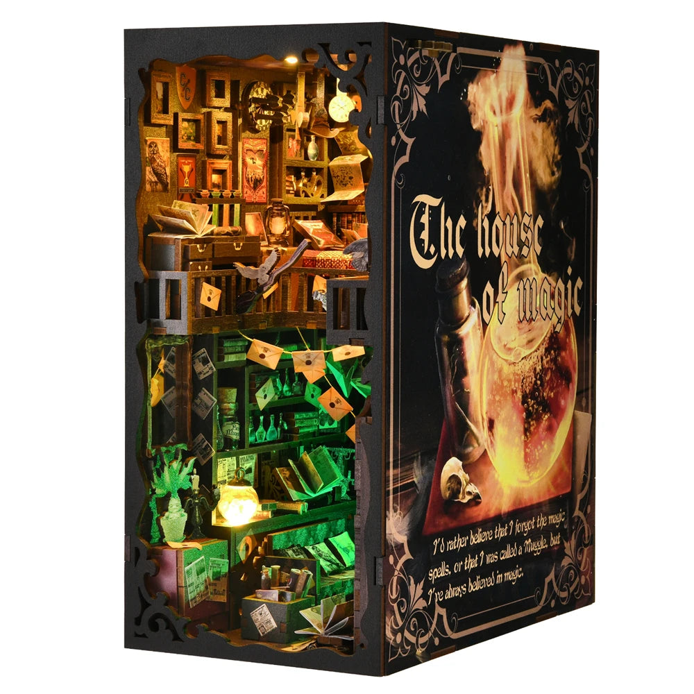 Diy book nook kit 3d wooden puzzle home decoration house for bookshelf miniature insert magic stand