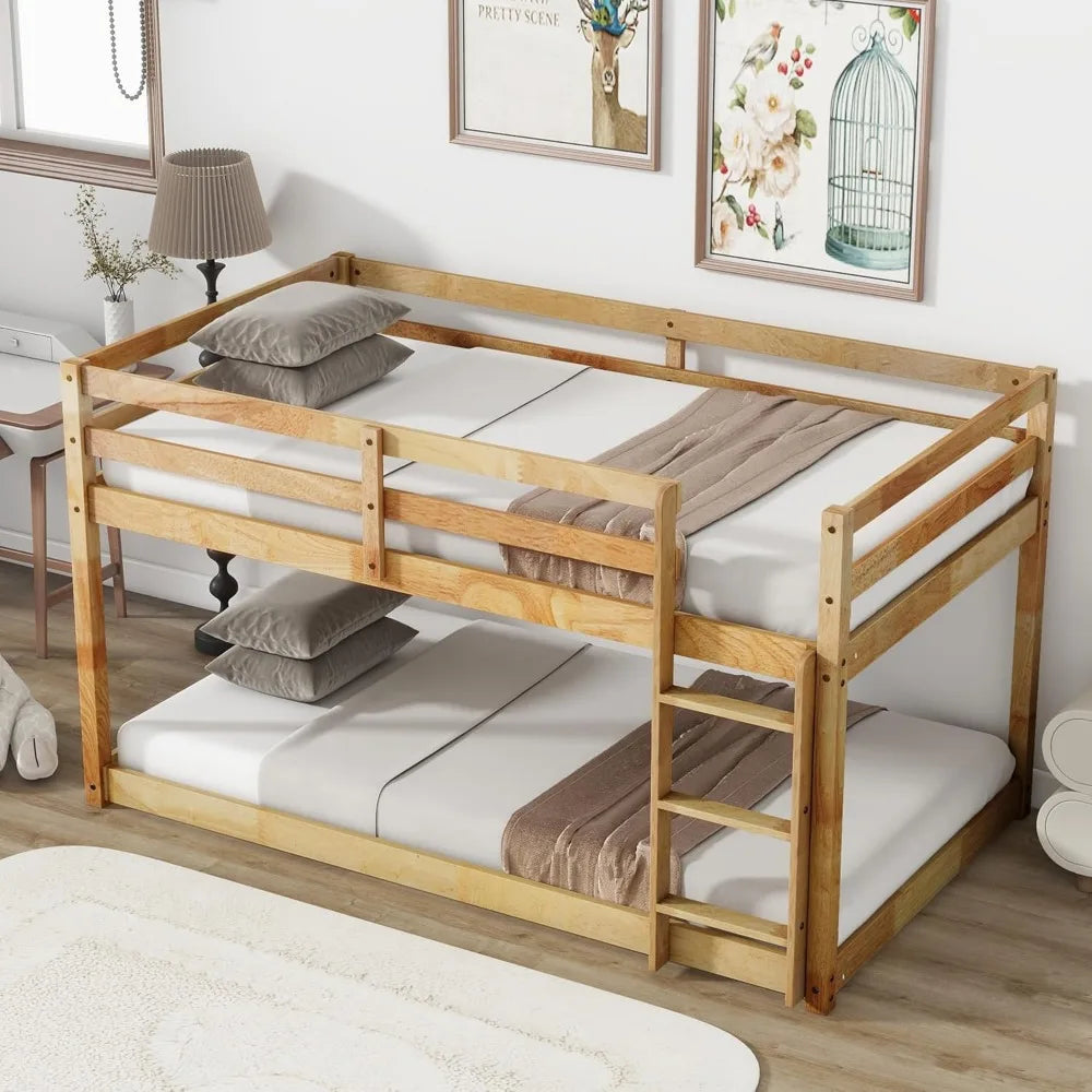 Low bunk beds twin over floor bed frame junior loft for kids boys girls teens natural