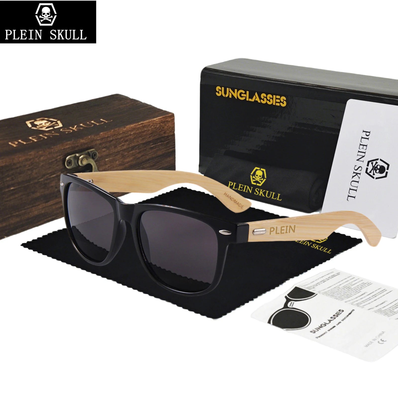 Plein skullhigh quality fashionable wooden sunglasses men retro bamboo leg glasses women’s sun protection rice nail