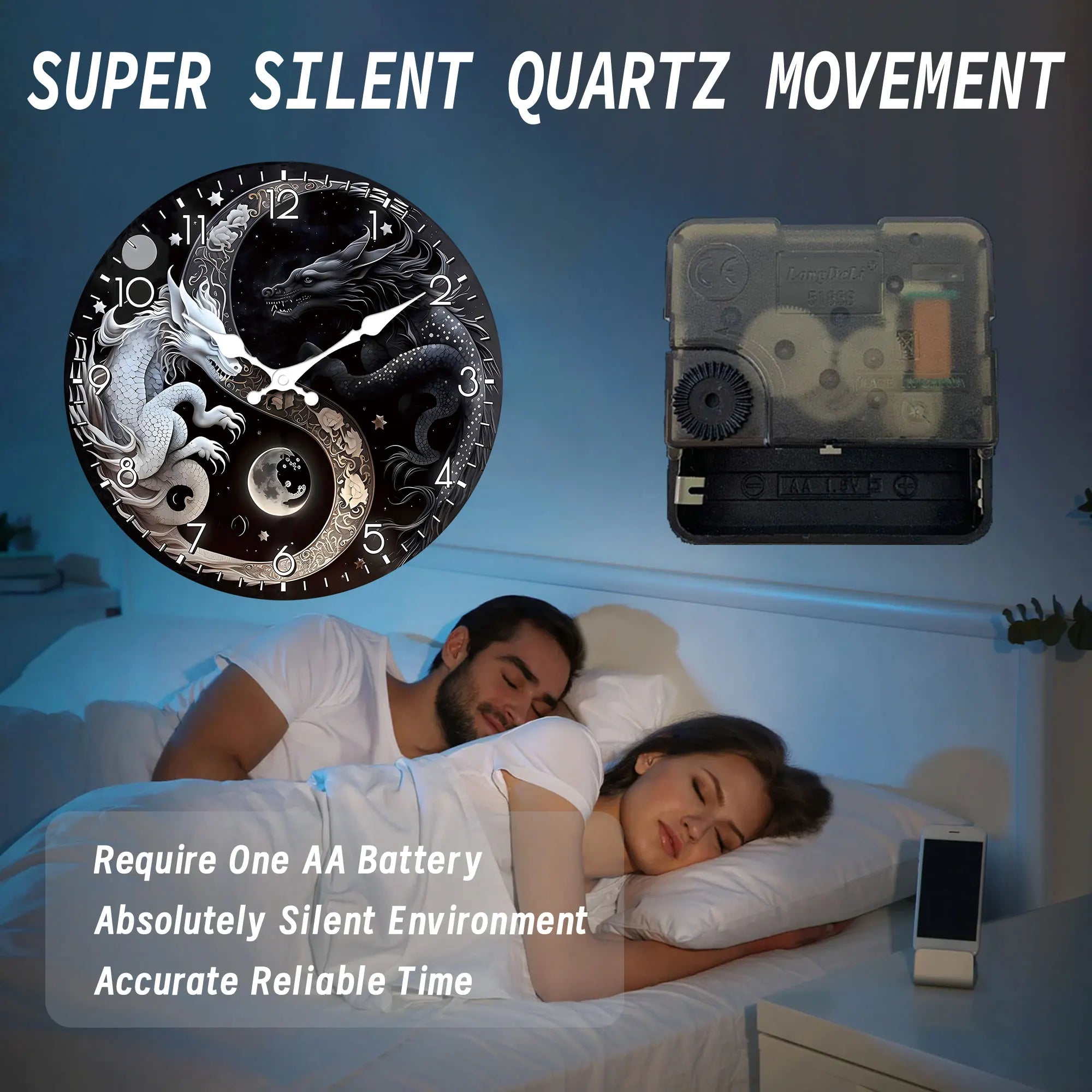 1pc round wooden wall clock oriental legend story black and white dragon design - silent non-ticking suitable