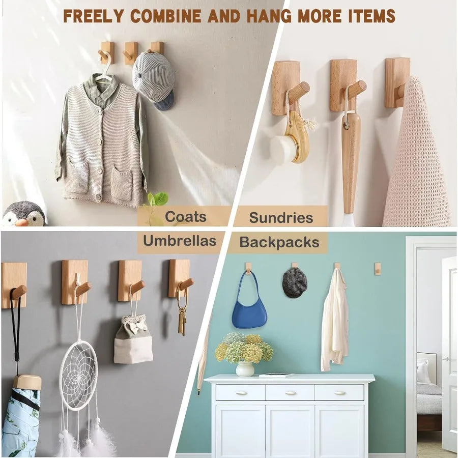 Wood coat hooks wall mounted 4 pack heavy duty natural beech for hanging robe towel and hat in bathroom bedroom