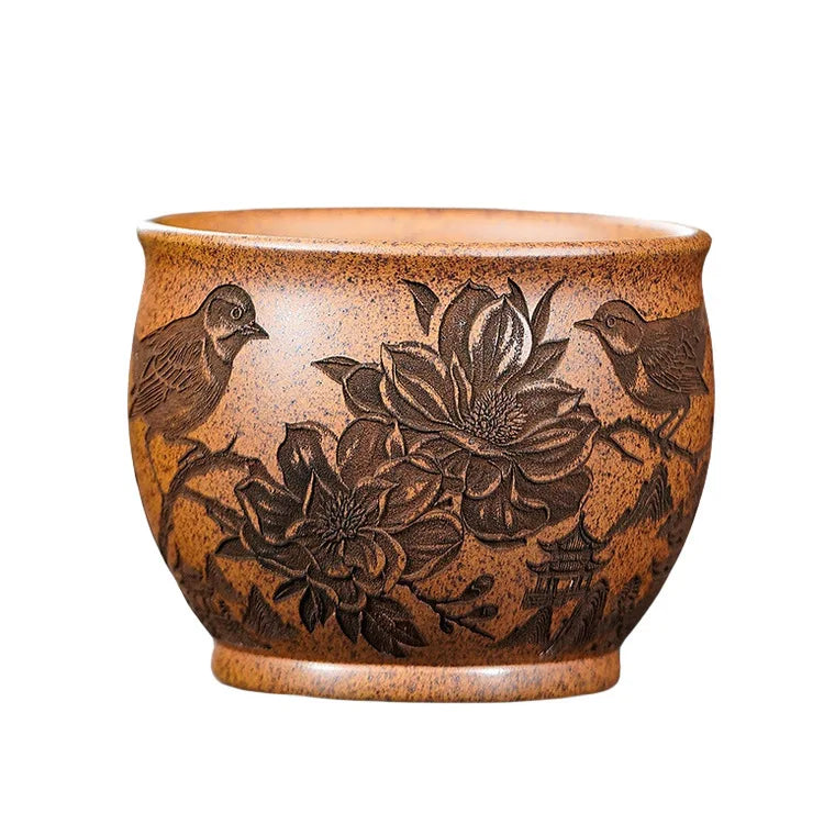 225ml purple clay wood-fired porcelain flowers and birds teacup zen tea bowl jug tea-tasting fragrance cup chazhan