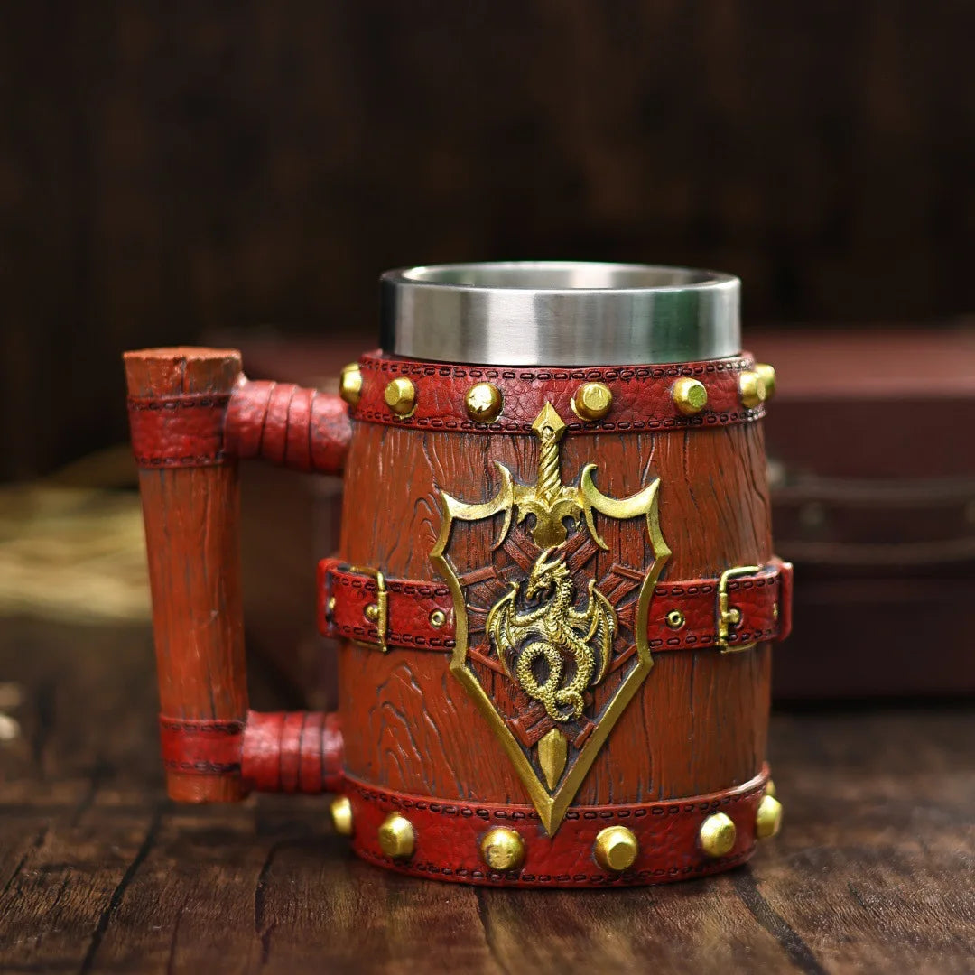 Medieval vintage viking mug dragon sword and shield beer resin stainless steel wooden barrel tankard coffee wine cup
