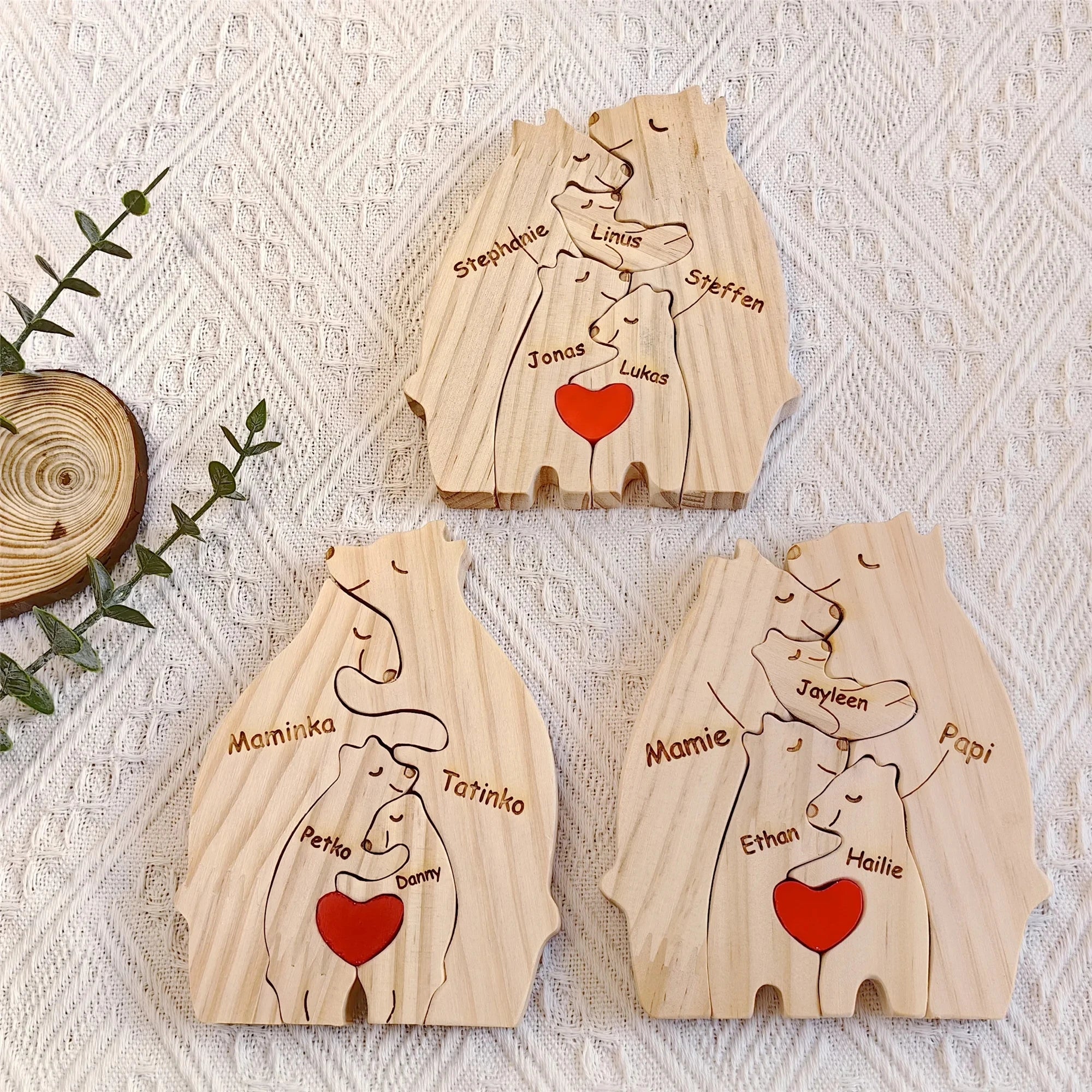 Personalized custom bear family wooden puzzle diy free engraving name sculpture home deskdecor figurines christmas