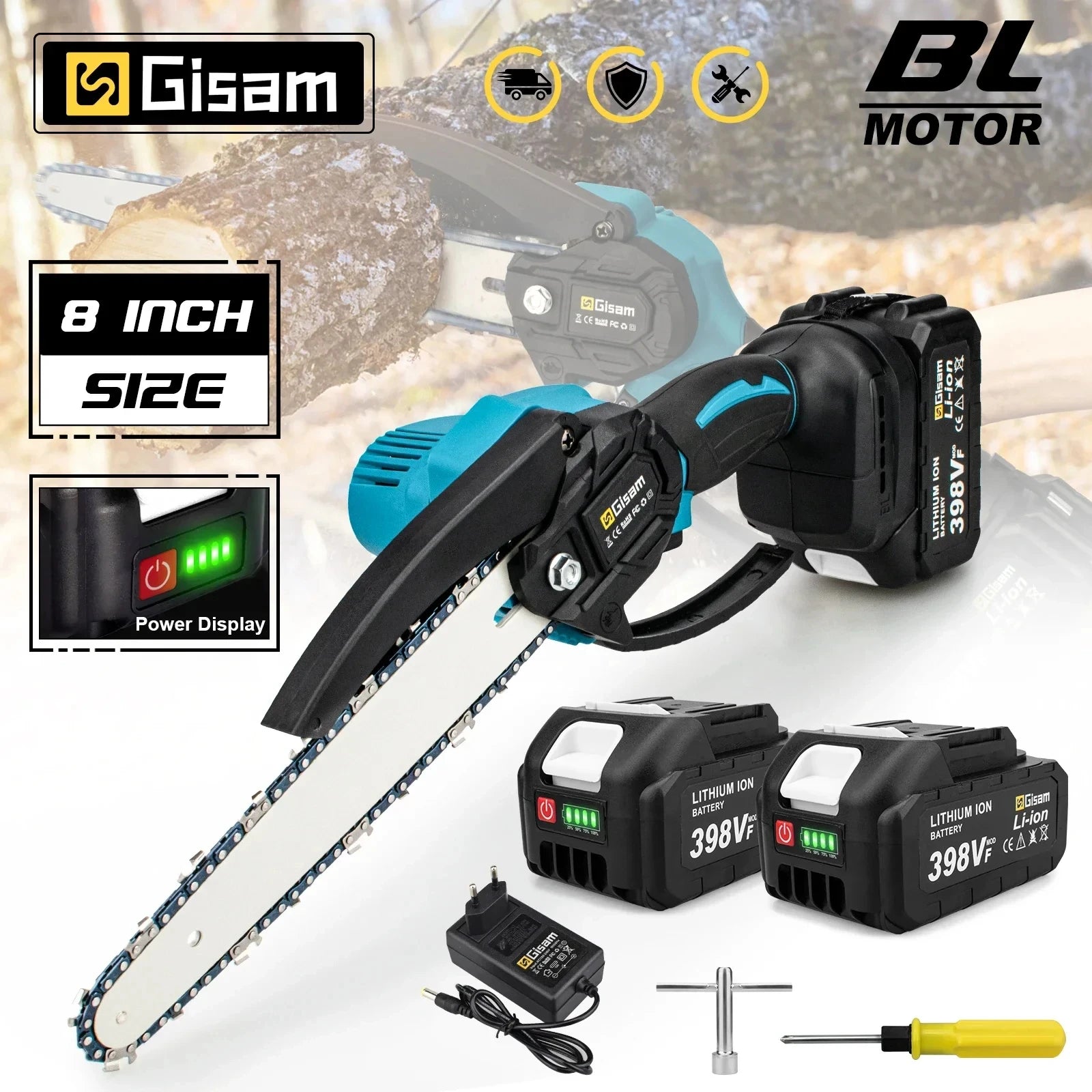 Gisam 8inch brushless electric saw cordless chainsaw handheld garden wood logging power tool for makita 18v battery pin