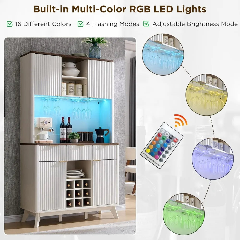 72’’ tall wine bar cabinet with storage hutch modern wood fluted coffee led lights and 10 tier shelf & - united states