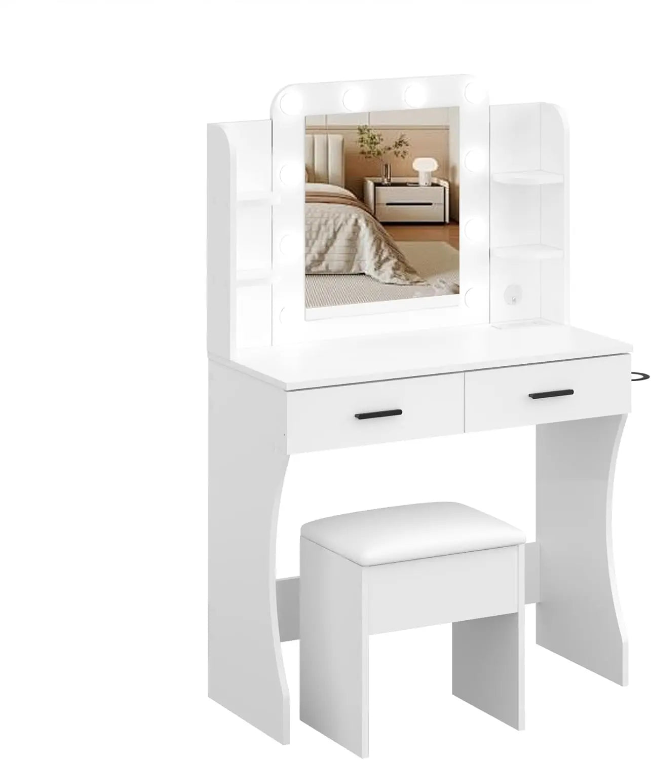 Vanity desk set with mirror led lights and power outlet makeup table 2 large drawers round holder dressing - white