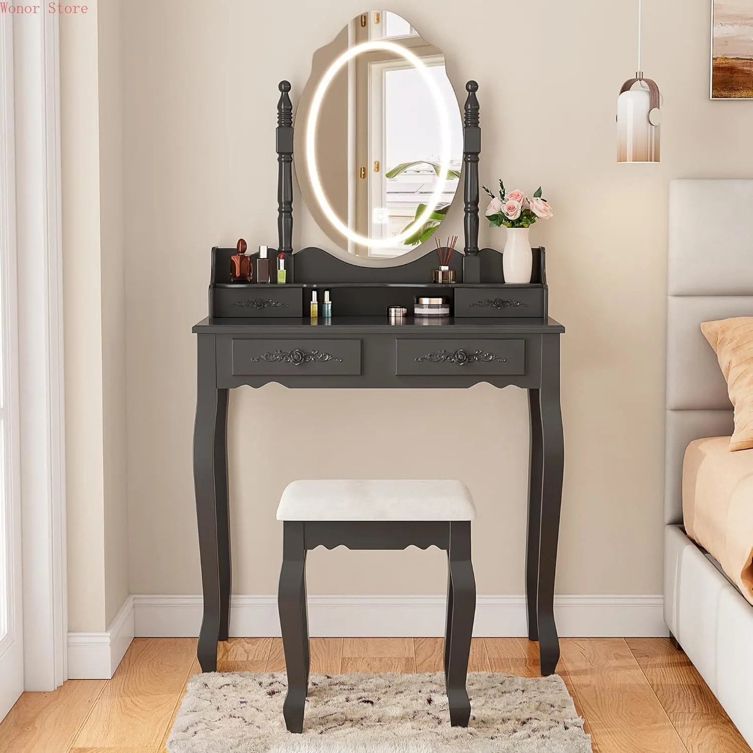Vanity desk with mirror and lights modern makeup table cushioned stool set 4 drawers 3 color lighting modes - united