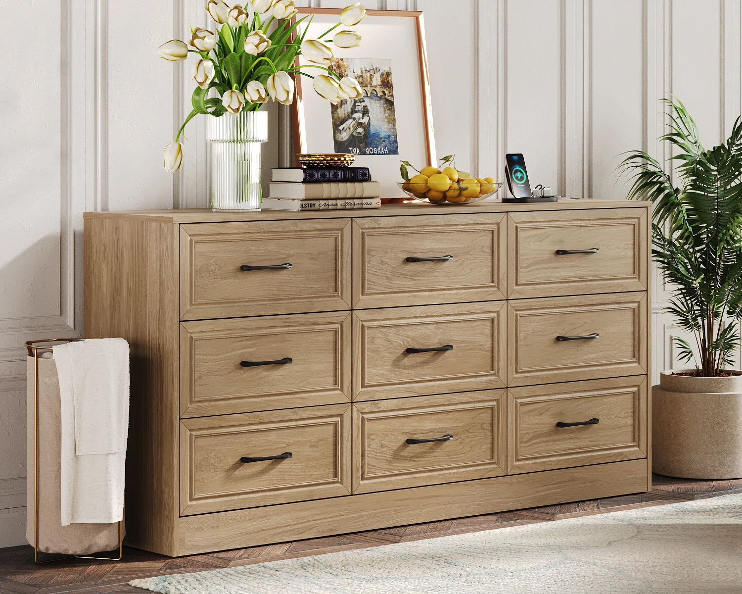 Vabches wood dresser for bedroom 9 drawer with power outlet&metal handles chest of drawers storage organizer hallway