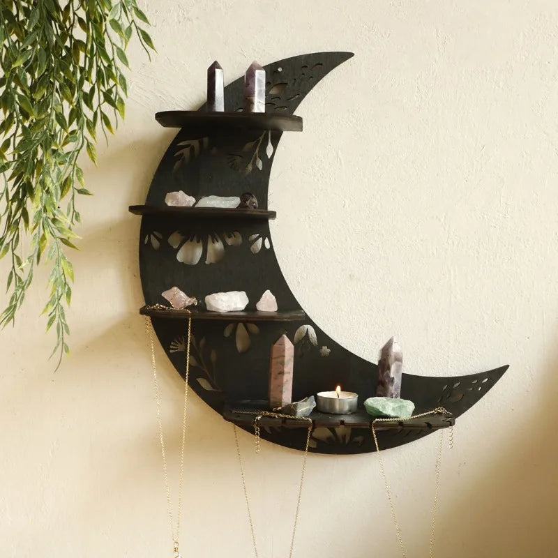 Wooden moon staircase crystal candle holder wall decor - home decoration art craft wall-mounted shelf for living room