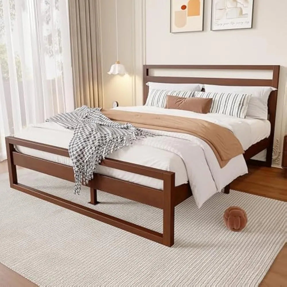 Retro-style wooden queen bed frame with headboard and slat support - walnut brown / united states