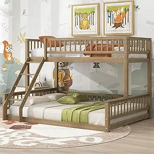 Twin xl over queen floor bunk bed kids brown wood frame with ladder & guardrails space saving teens youths beds