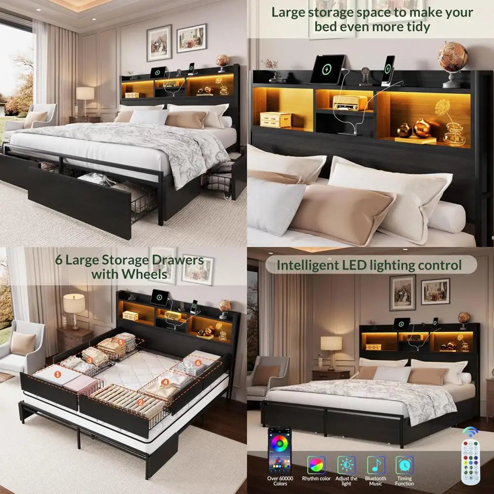 Wooden queen bed frame with 6 drawers headboard led lights and charging station - black / united states