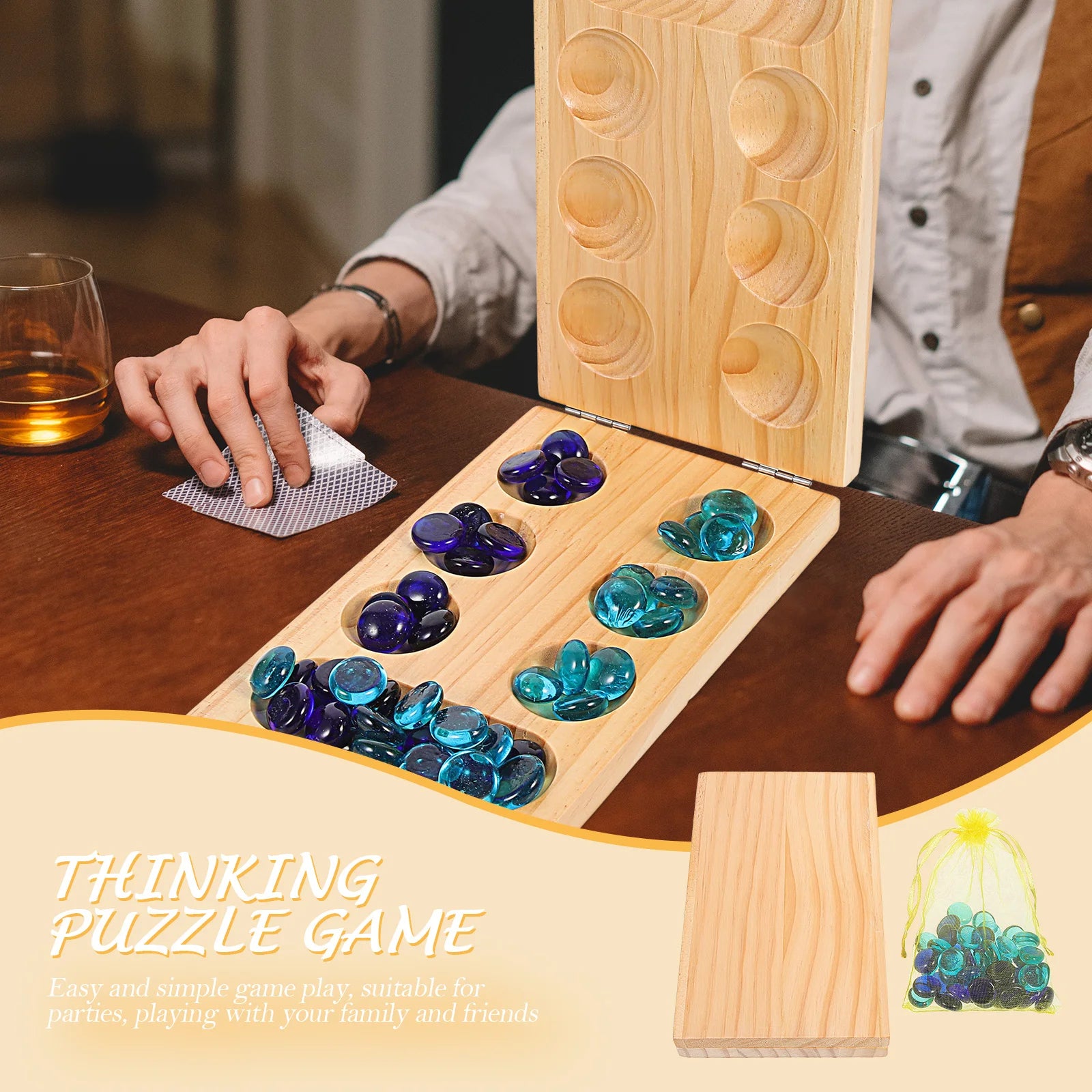 1set folding wooden mancala board game gemstone chess portable thinking puzzle logic training plaything