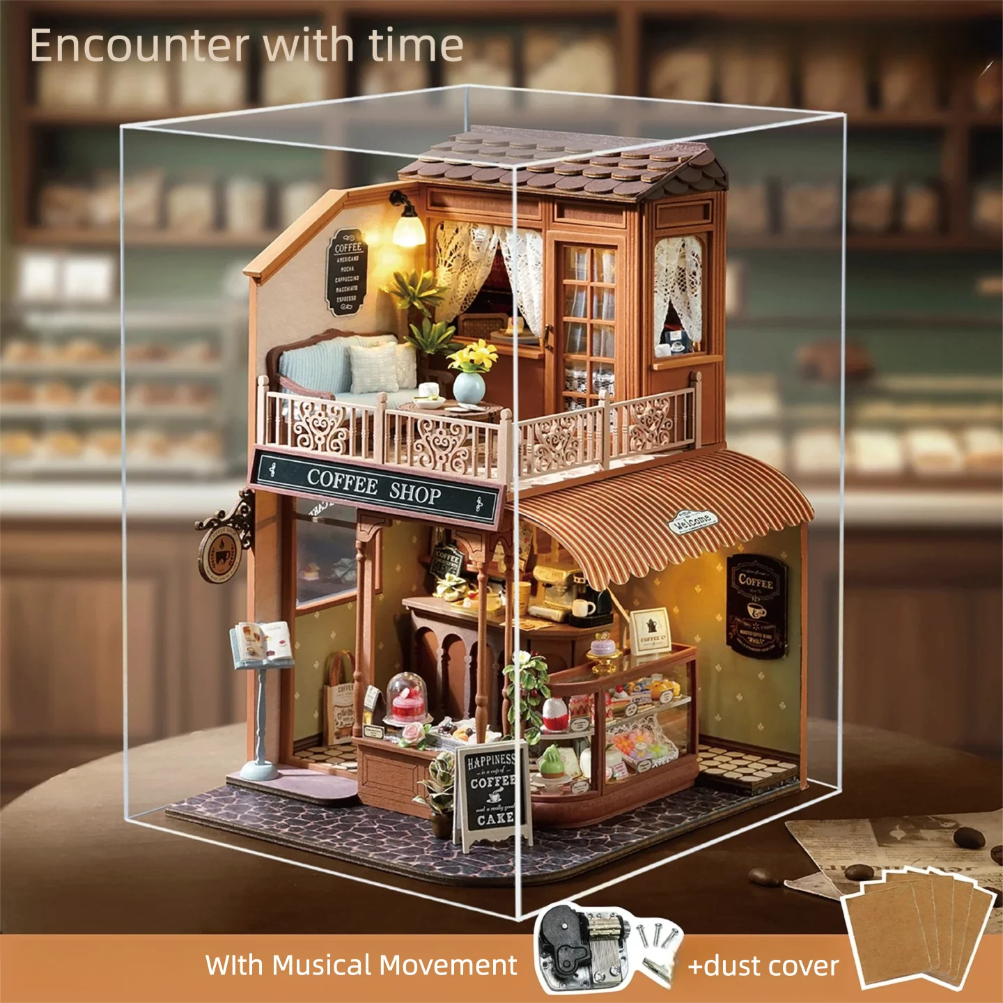 Snaptogs diy miniature duplex café wooden building blocks kit house roombox book nook tiny doll gift decor music box