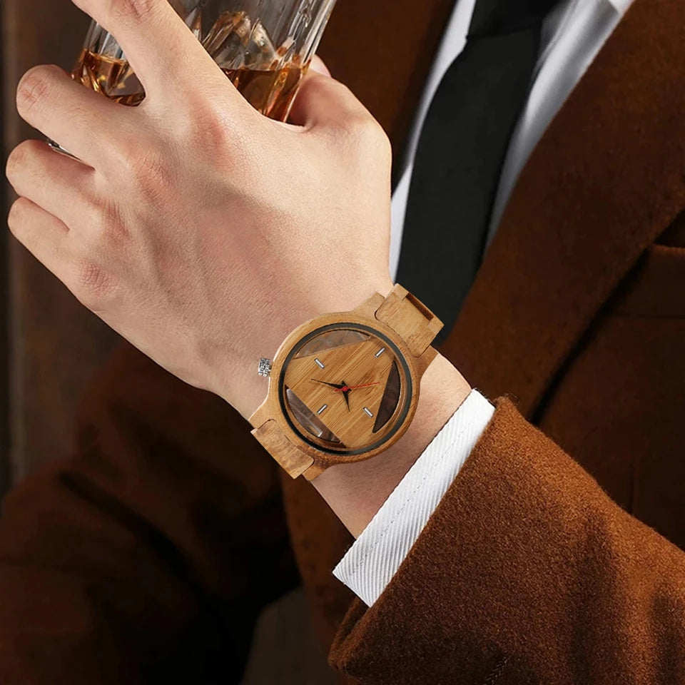 Geometric mens watches superb inverted triangle bamboo wooden band clock male full quartz wristwatches relogio masculino