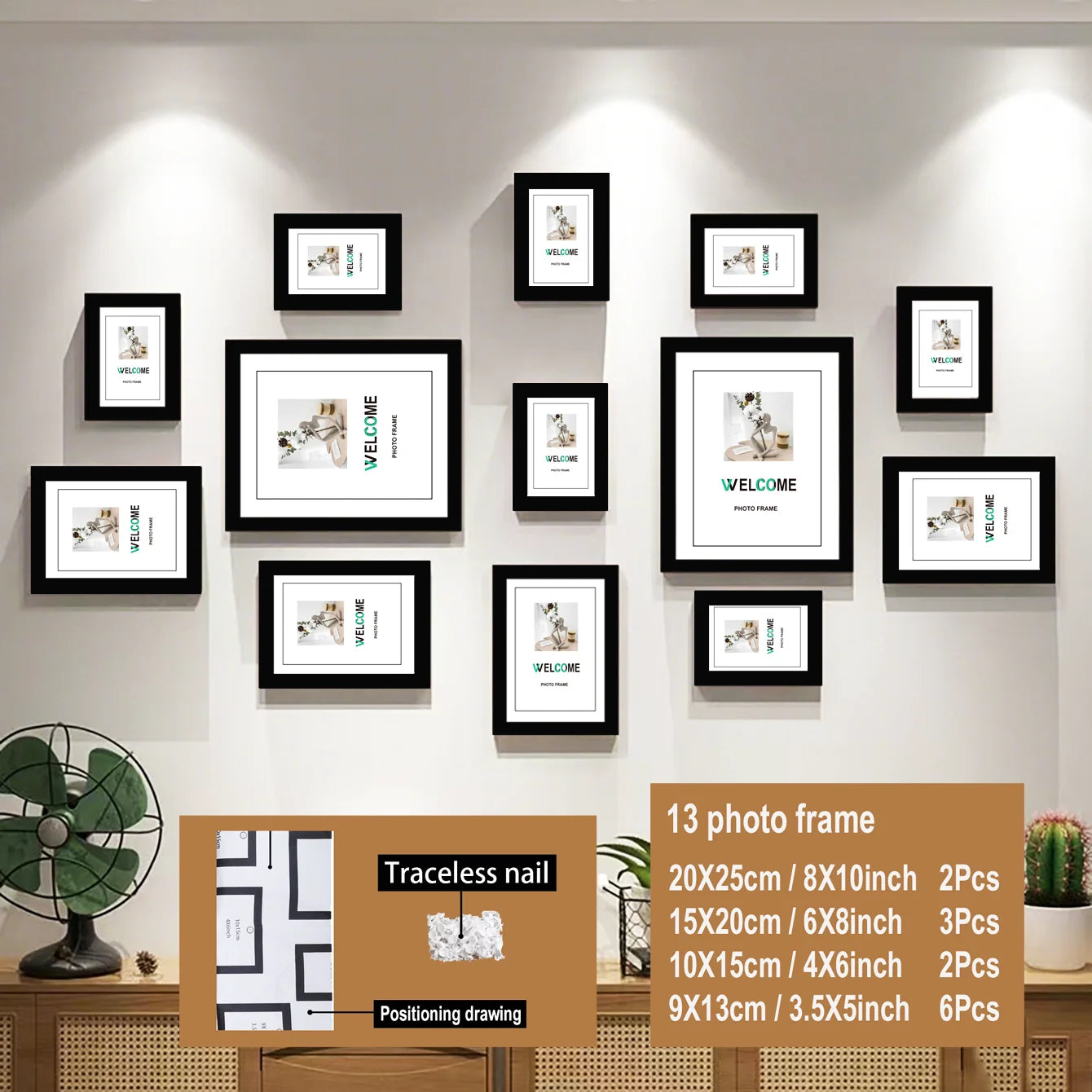 13pcs wood picture frame set for wall home office decor festive commemorative gifts - variety of sizes photos - black