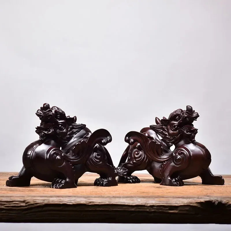 2pcs pixiu sculpture solid wood decor office desktop home living room tv cabinet ornaments crafts gift - black / 12cm