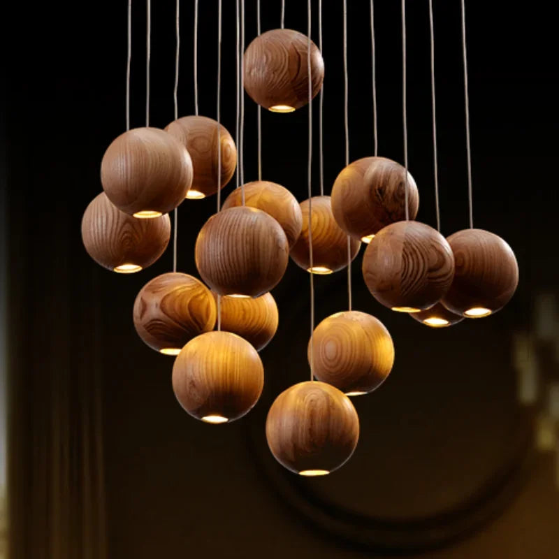 Designer’s solid wood pendant light creative art kitchen restaurant hanging lamp new chinese hotel wooden ball bar led