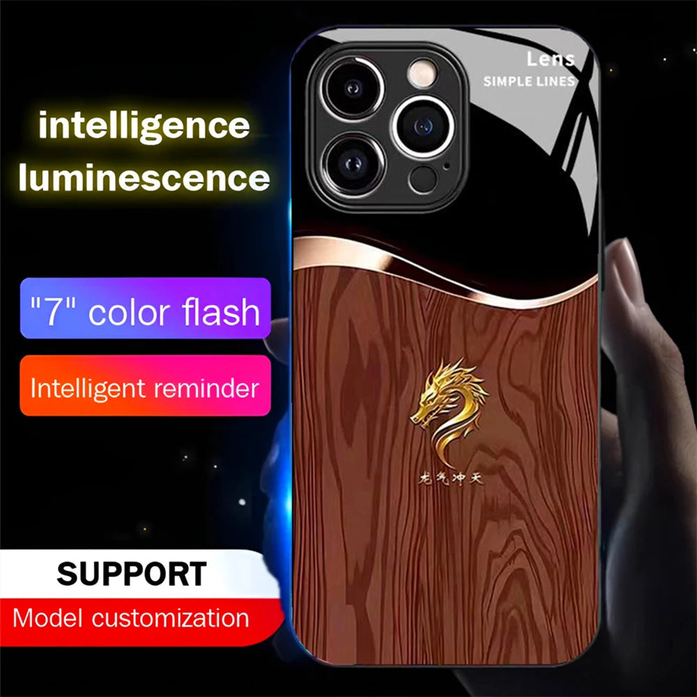 Luxury wood grain dragon luminous glass led call light up flash phone case for iphone air 17 16 e 15 14 13 12 11 pro