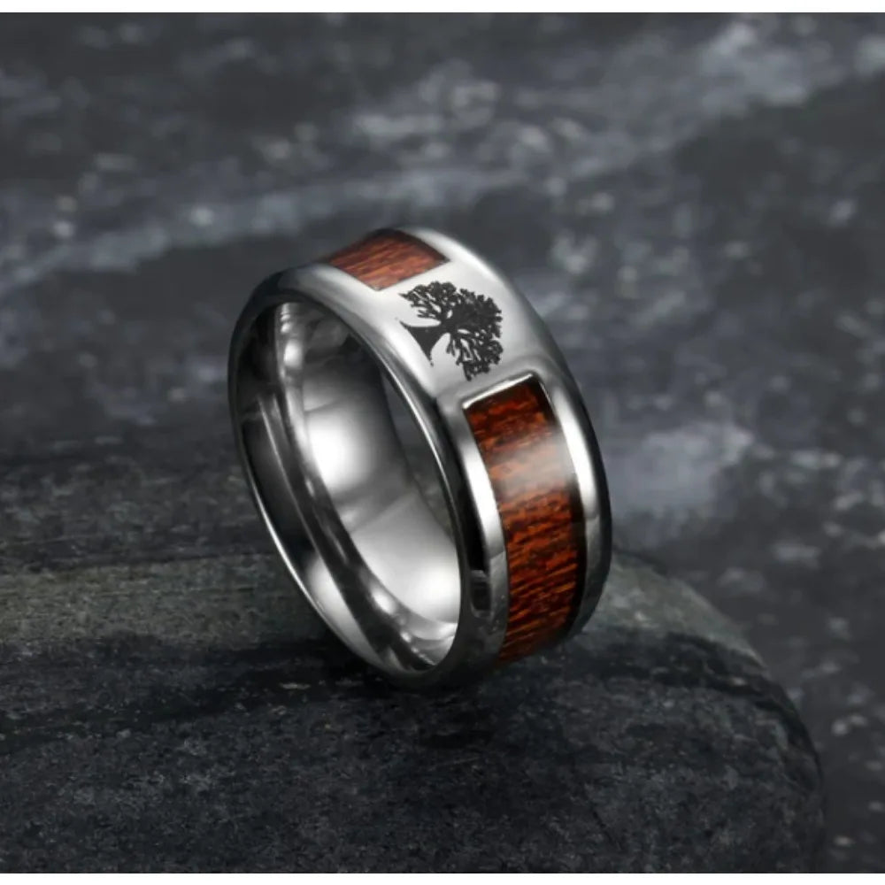 Asgard crafted handcrafted stainless steel celtic tree of life and wood inset wedding ring