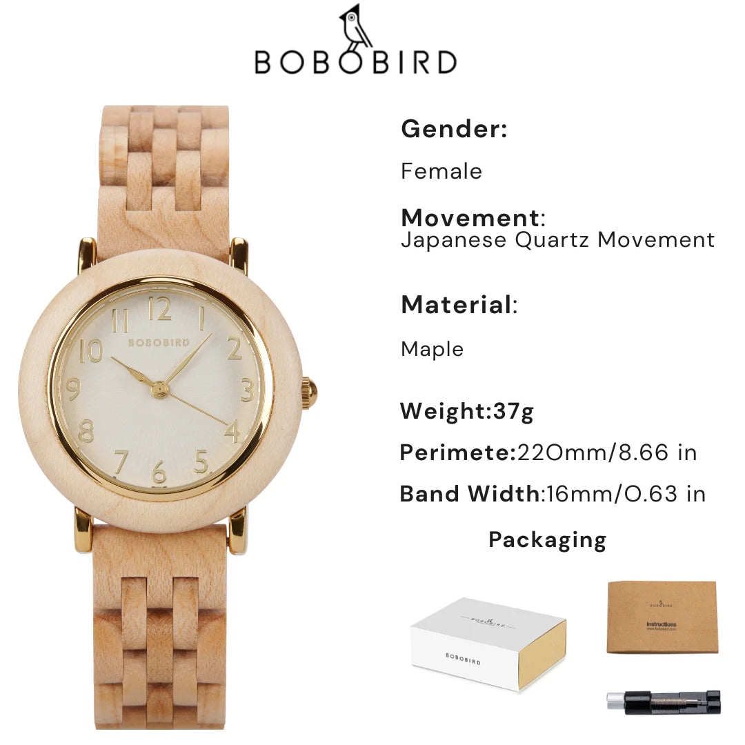 Bobo bird women’s wooden watch 2025 new elegant quartz wristwatch for ladies and girl natural wood timepiece gift