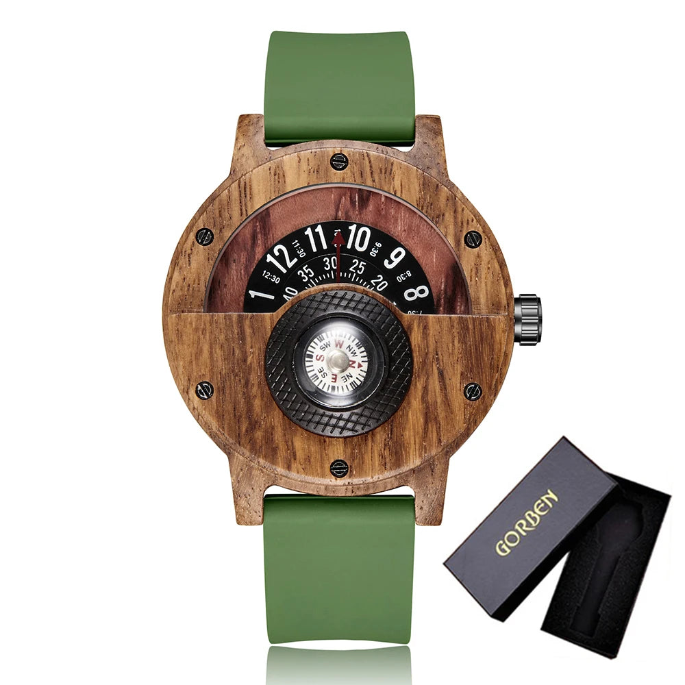 Natural wood watch men’s rotary table compass dial real walnut ebony bamboo brown concept quartz - w384-4 with box