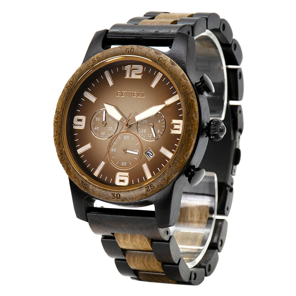 Wooden watch for men date display chronograph quartz wrist 3 sub-dials handmade light weight luminous - 189c
