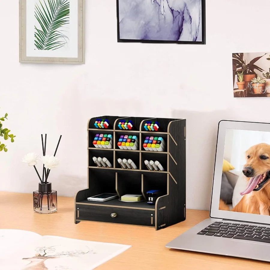 Wooden desk organizer multi-functional diy pen holder for home office desktop stationary storage with drawer easy