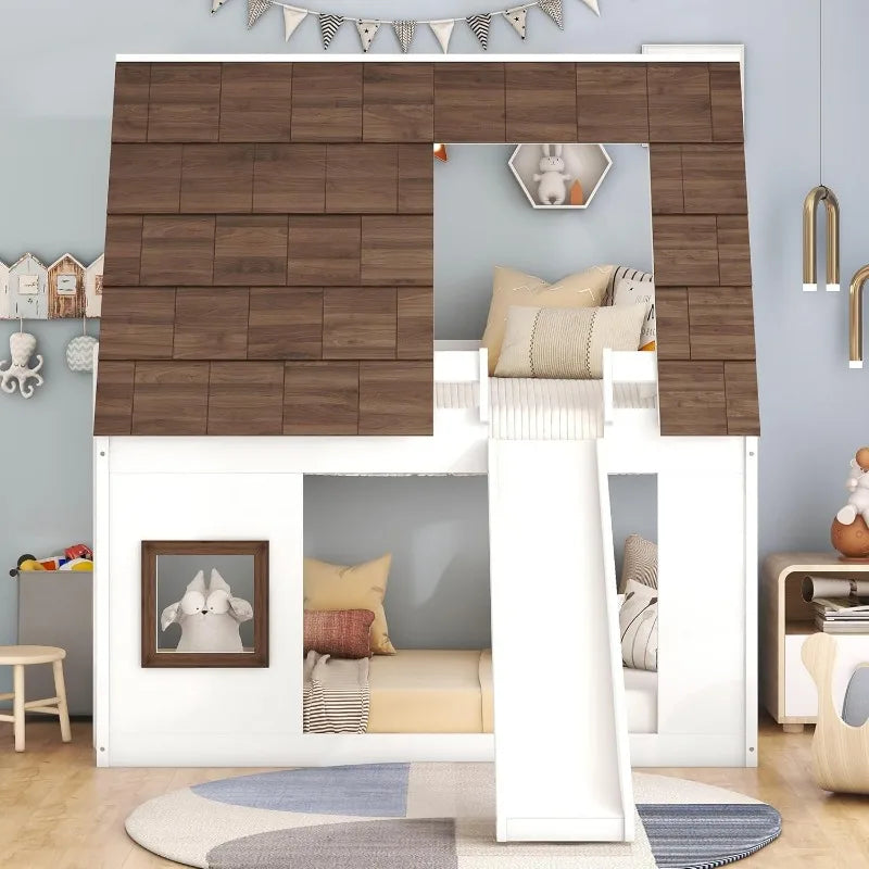 Twin over house bunk bed frame with roof,window,ladder and slide for boys girls white & brown home kitchen - united