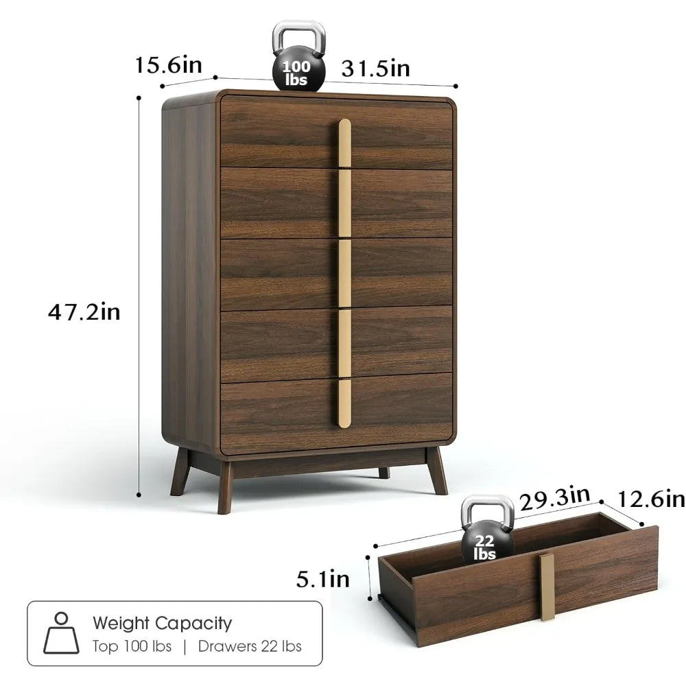 Dresser for bedroom with 5 drawers,mid century modern storage,tall chest of drawers metal handles,large