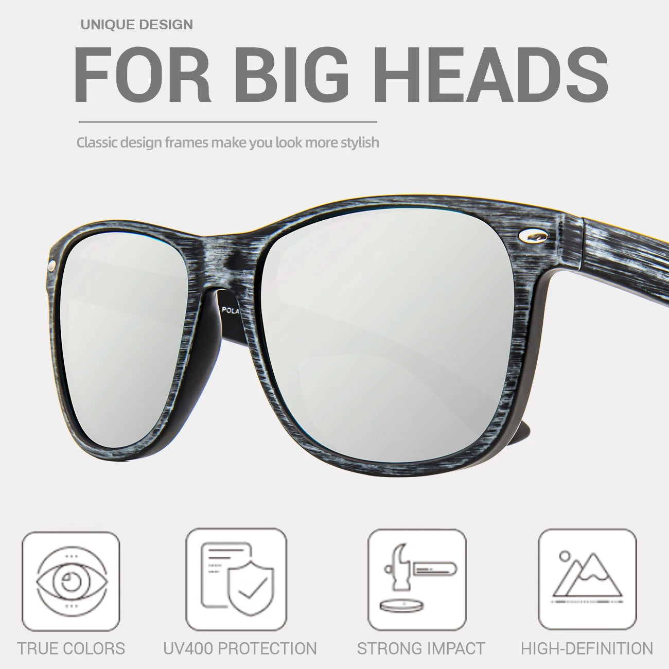 Juli polarized sunglasses for big heads men&women,uv 400 protection wood grain frame 8809 - a6 grain-sliver / china