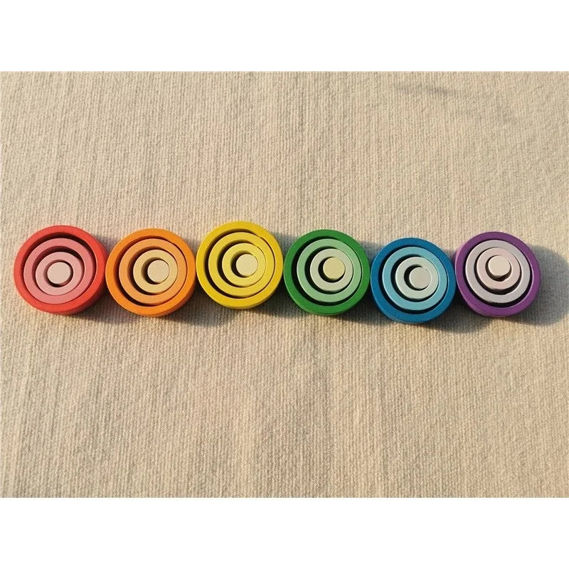 Kids rainbow wooden nest rings unpaint beech stacking blocks creative loose parts montessori toys - game