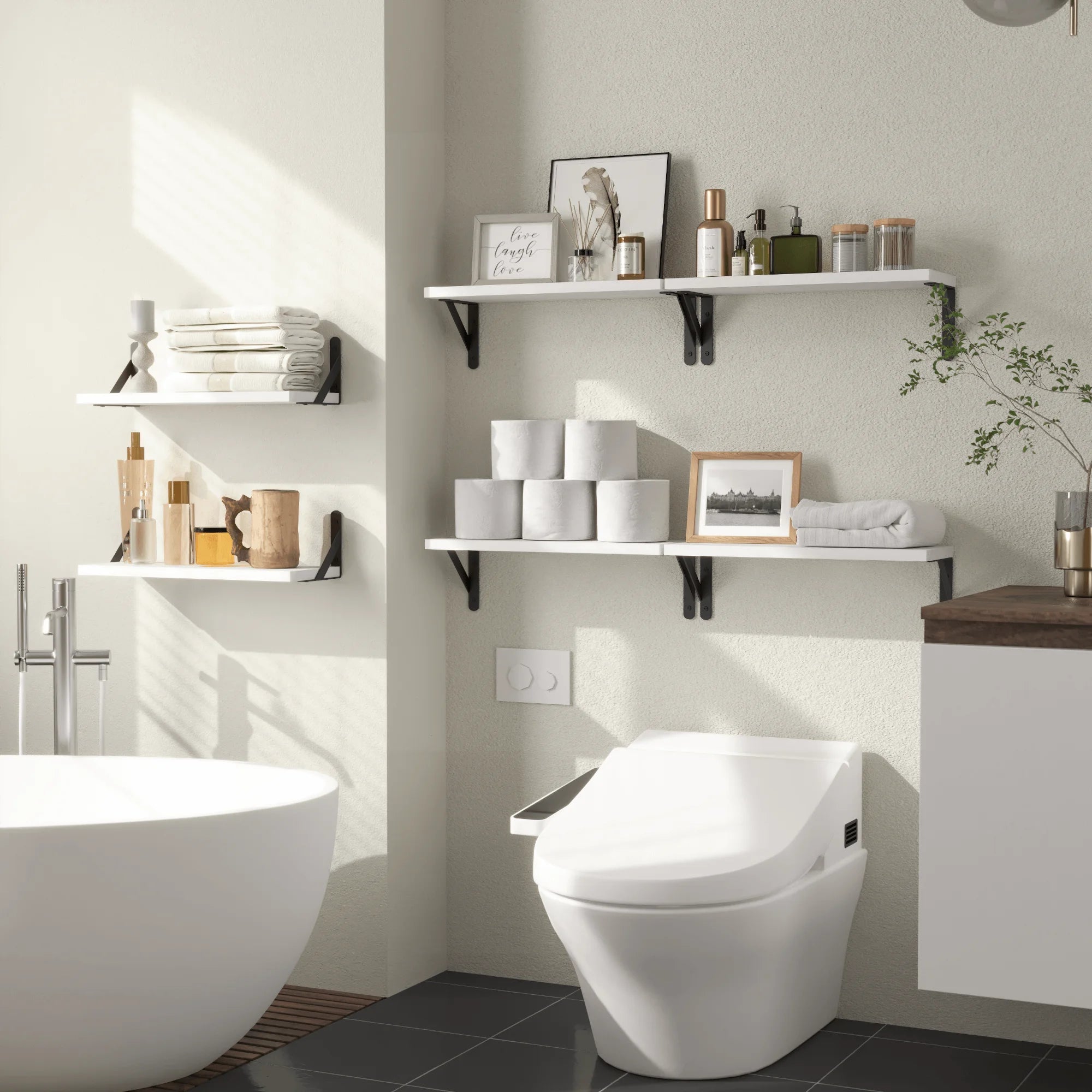 Rustic floating shelves for wall farmhouse wood shelf decor mounted room sets of 6 hanging storage - white / united