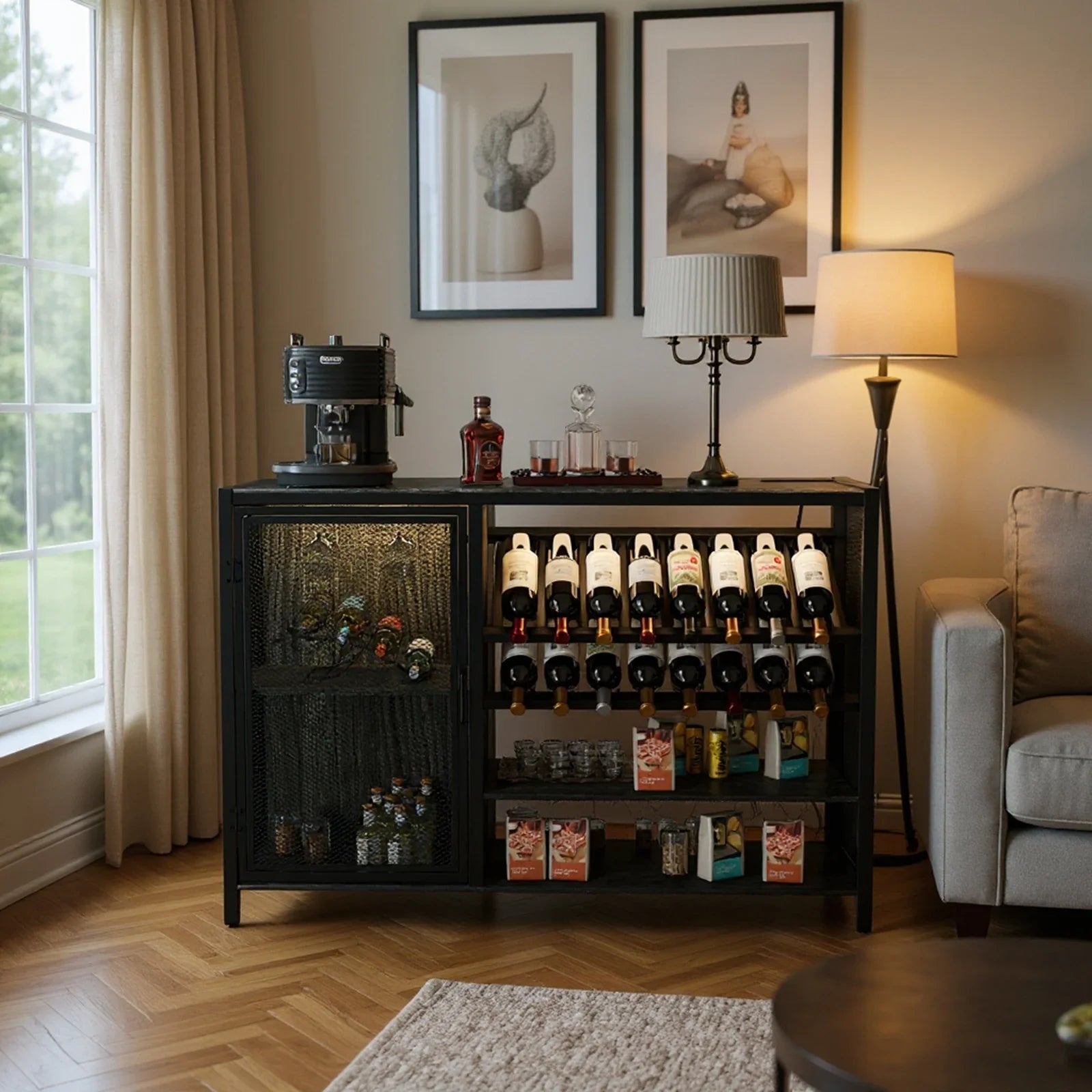 For kitchen family restaurant bar wooden wine cabinet bottle bar with light and mesh door/power socket suitable