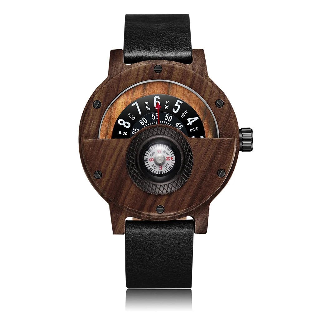 Natural wood watch men’s rotary table compass dial real walnut ebony bamboo brown concept quartz - w209-2