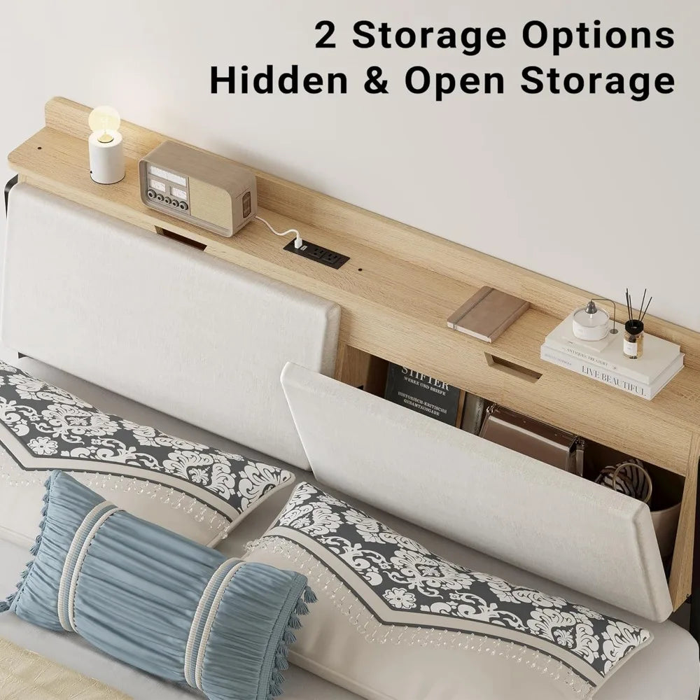 Likimio queen bed frames with hidden storage headboard camas charging station and 4 drawers sturdy noiseless n - united