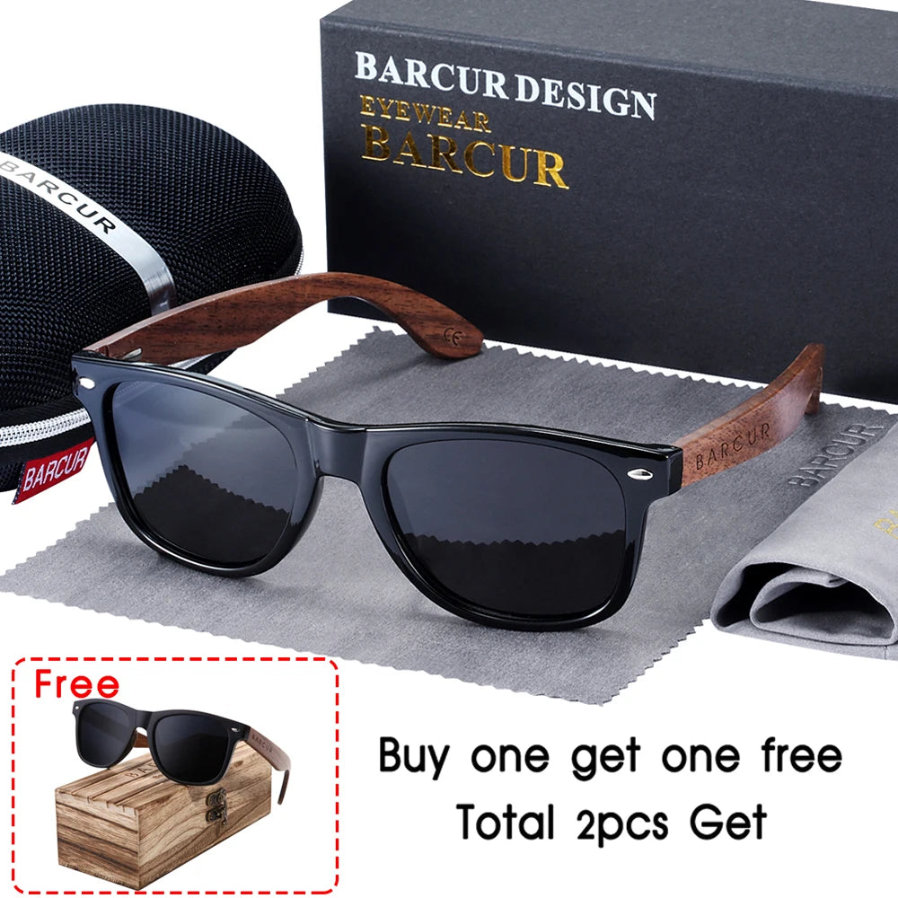 Barcur black walnut wood sunglasses for man polarized high quality sqare sun glasses men uv400 eyewear accessory