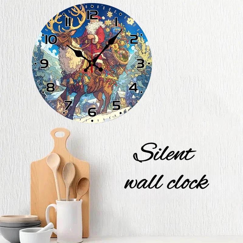 Santa reindeer wooden round silent hanging wall clock suitable for living room office study bedroom home decoration