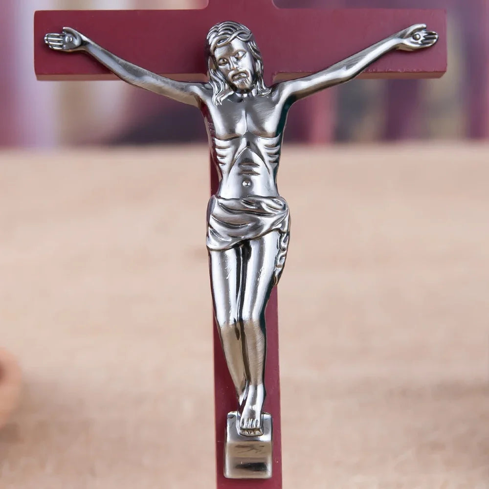 Htisok catholic wooden cross with silver metal jesus figure wall mounted religious crucifix for home altar church decor